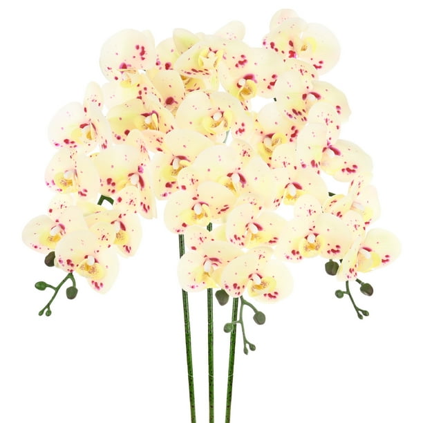 Uxcell 3-Pack Flores de Orquídea Artificial 9 Pétalos Grandes 37 Pulgadas Ramo de Seda Phalaenopsis Moteado Verde Amarillo Orquídeas Falsas para Hogar/Boda