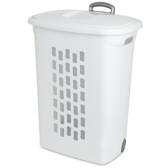 Sterilite White Laundry Hamper With Lift-Top, Wheels, And Pull Handle, 9 Pack