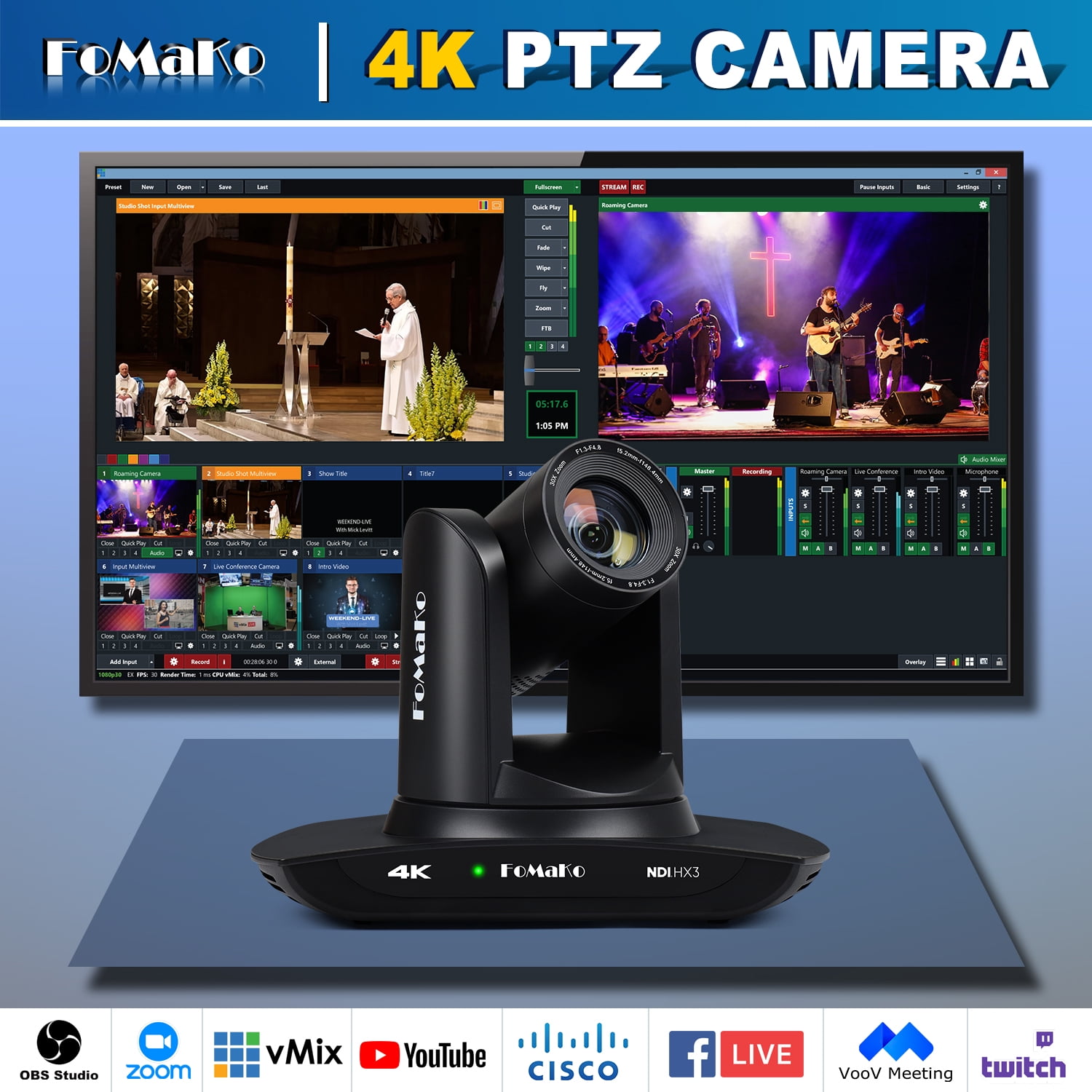 FoMaKo K30NS 4K 30x Optical Zoom PTZ Camera with NDI 6 & NDI HX3, KC800 HDMI Video Switch with Integrated PTZ Controller, for Church, Worship, (K30NS x2 + KC800)