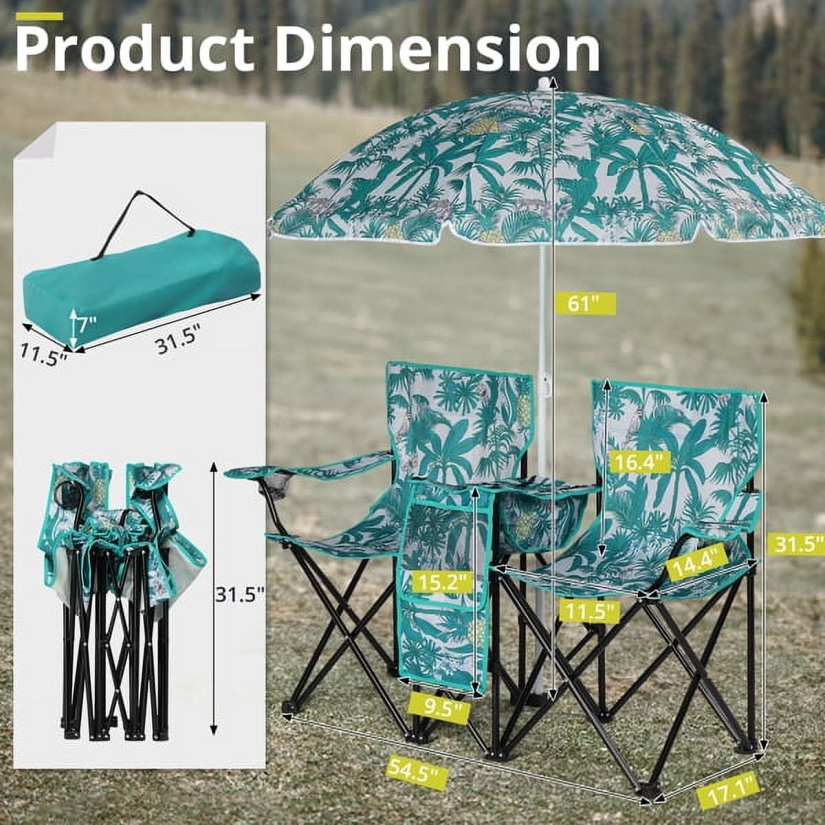 Alvantor Folding 2-Seat Outdoor Chair with Removable Pineapple Umbrella for Beach and Camping