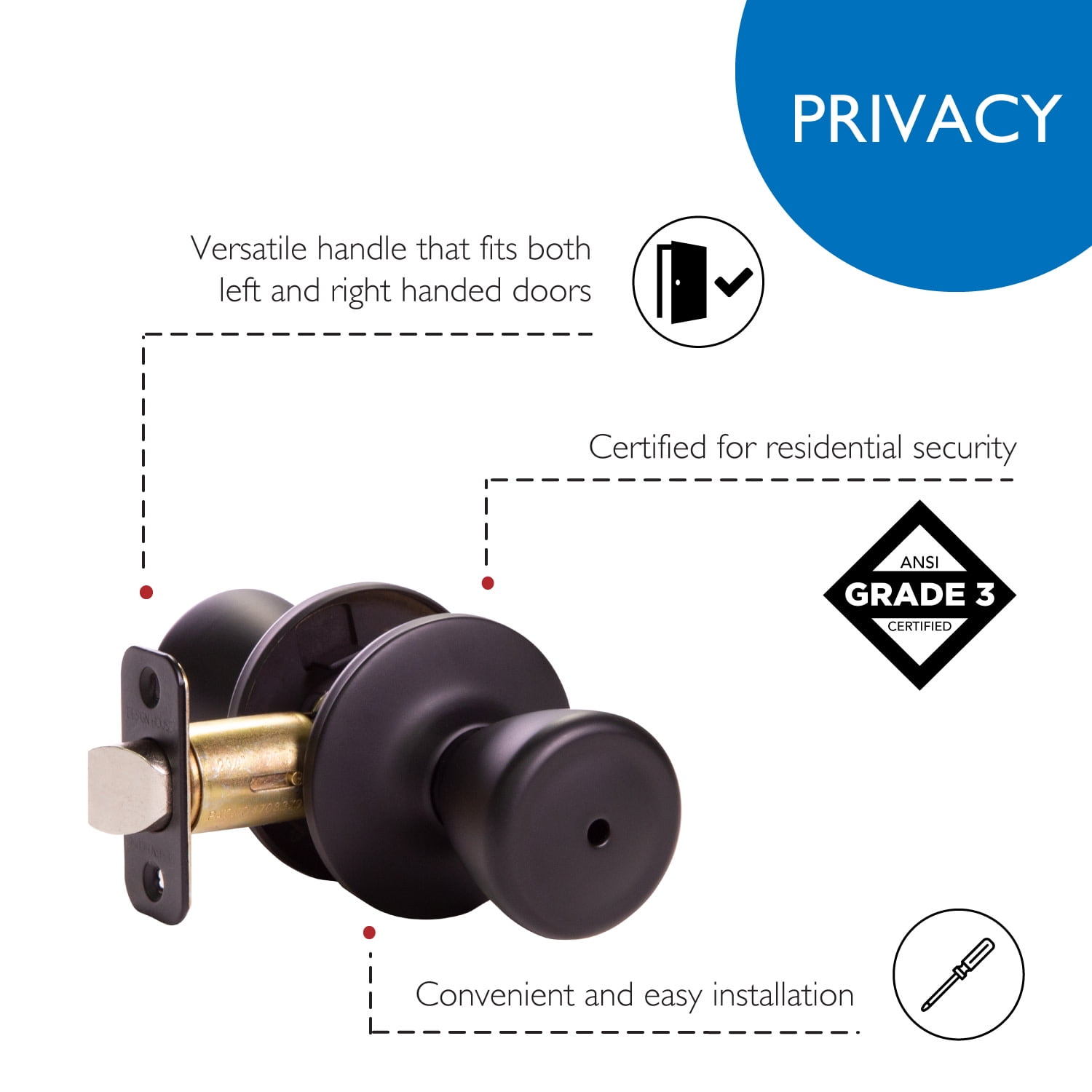 Design House WM477926 Tulip Privacy Bed and Bath Door Knob Matte Black
