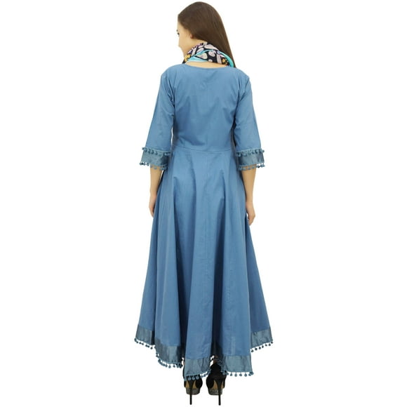 Bimba Flared Blue Cotton Pom-Poms Kurta Classic Anarkali Dress With Scarf - 16