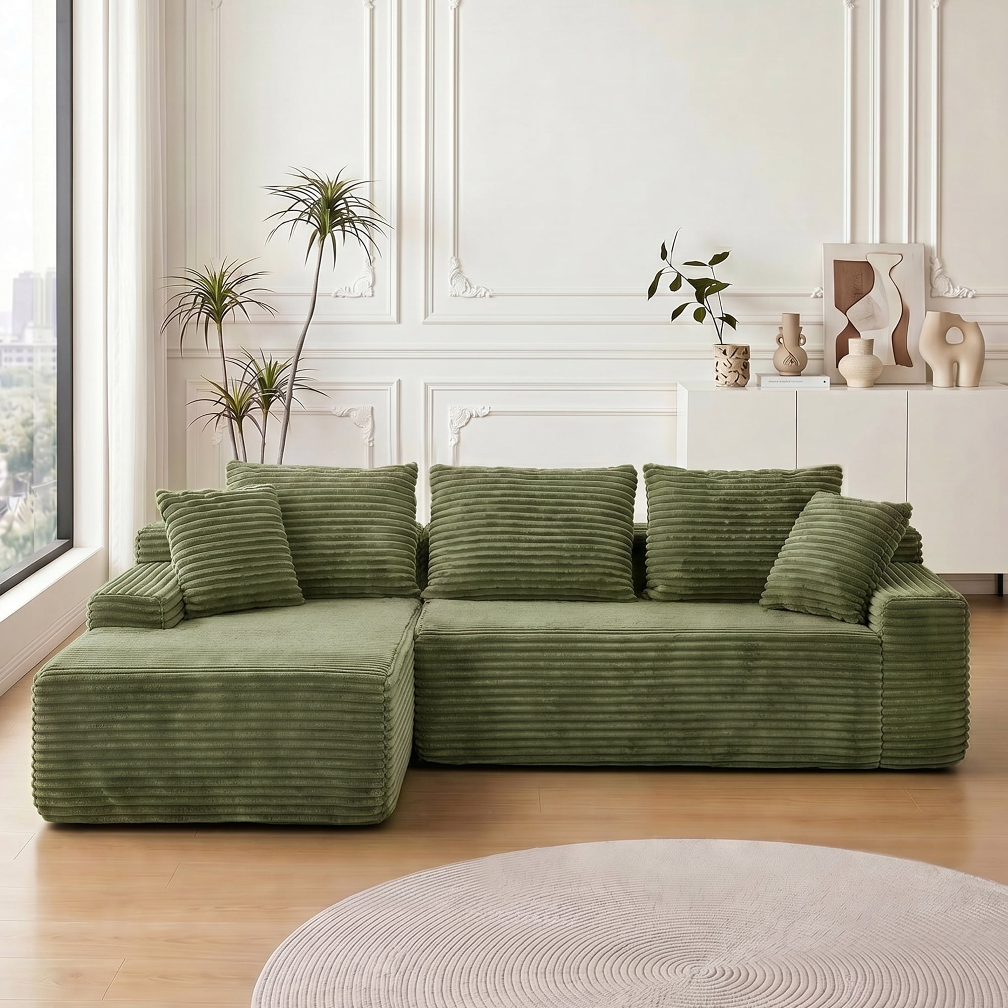 Leumius 95" Boneless Modular Sectional Sofa with Chaise,L-Shaped Comfy Corduroy Couch with Deep Seat,Upholstered Sectional Couch for Living Room, No Assembly,Green