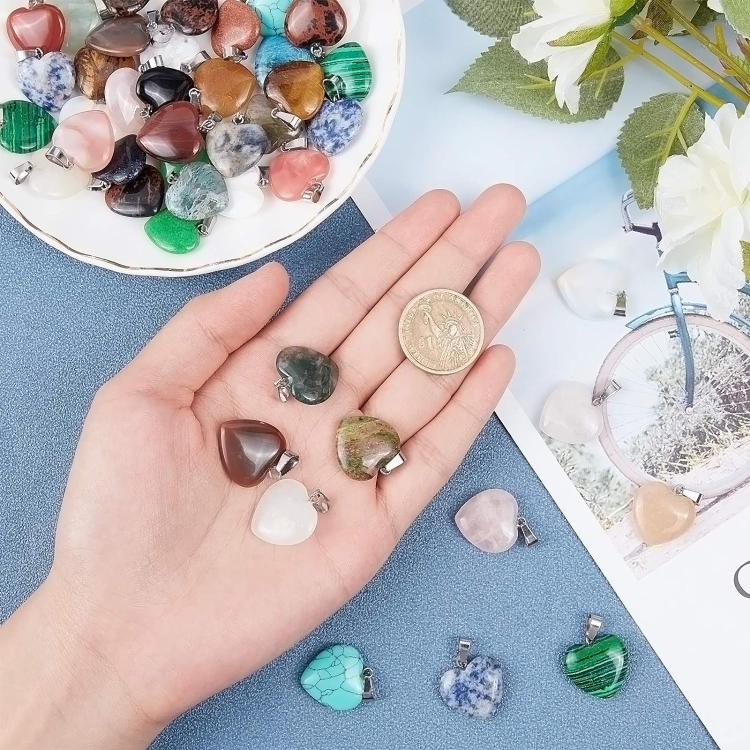 50PCS Heart Beads Pendants Gemstone Stone Charms Healing Stone Beads Pendants for DIY Necklace Jewelry Making-Assorted Color PlatinumDIY