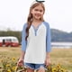 thumbnail image 3 of Cowsor Girl's Casual 3/4 Sleeve T Shirts Button V Neck Tunic Blouses Color Block Basic Tee Tops Loose Fit Summer Shirt, 3 of 6