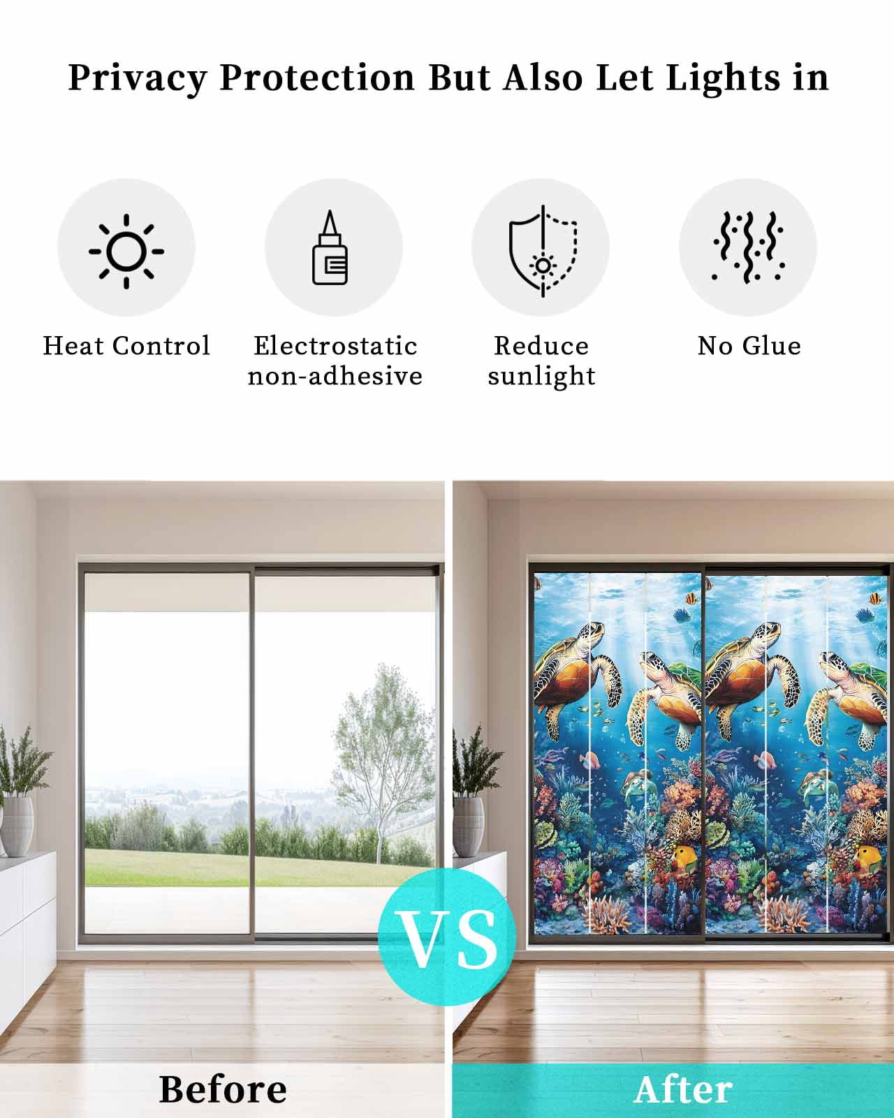Window Privacy Film Ocean Turtle Stained Glass Window Film Decorative Sun Block Window Cover Sea Coral Underwater Animal Fish Blue Window Clings Static Adhesive Sticker for Bathroom 23.6"x59"