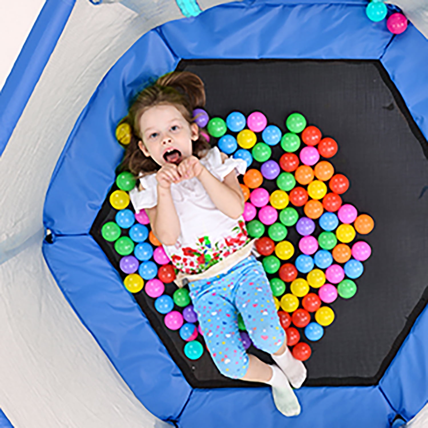 Kadyn 55" Toddlers Trampoline, Vinyl Jumping Trampoline with Safety Enclosure Net and Balls, Indoor Outdoor Mini Trampoline for Kids, Blue