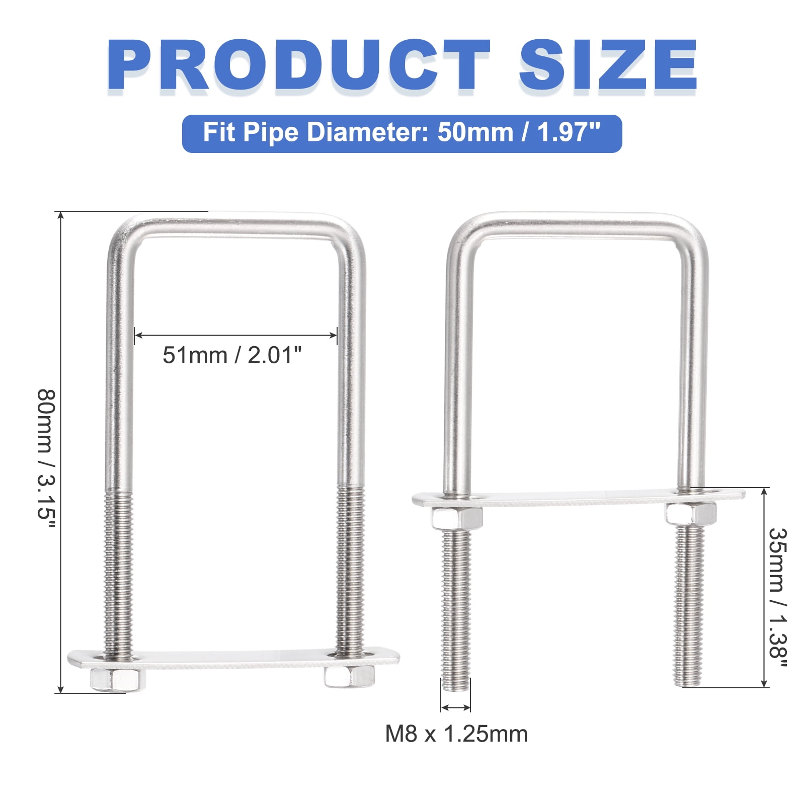 Uxcell 4 Sets M8 Square U-Bolts, 2.01" Inner Width 3.15" Length 304 Stainless Steel U Clamp Bolts with Nuts, Plates and Wrench