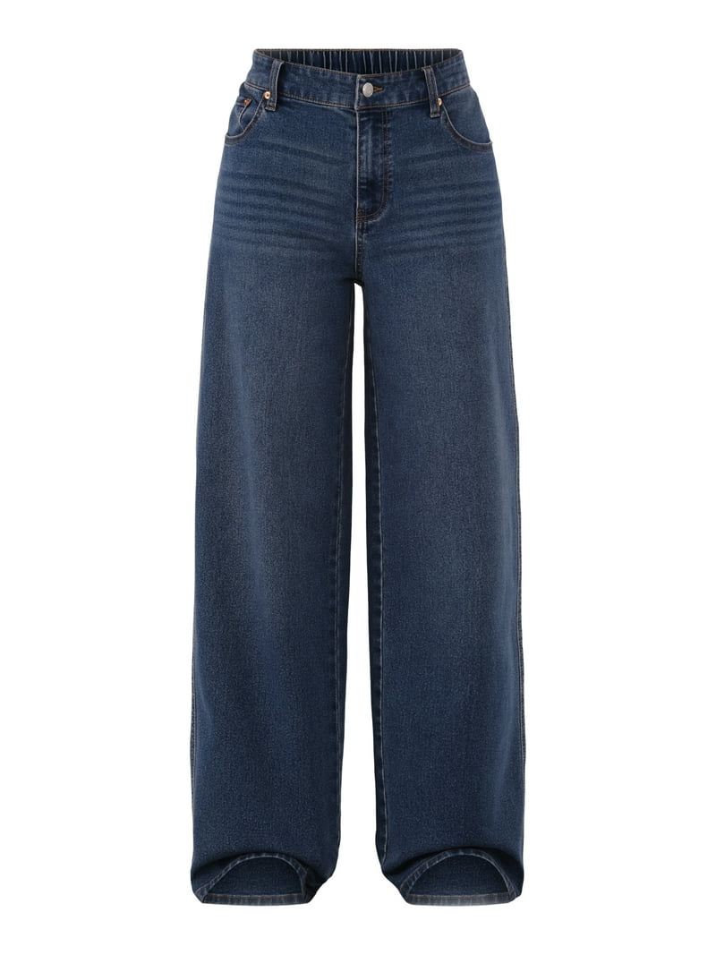 No Boundaries Women's Baggy Wide Leg Jeans, Elastic High Rise