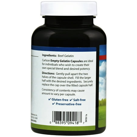 Carlson - Empty Gelatin 1 Capsules, Easy to Separate and Fill, with Screw Cap Bottle, 200 Capsules