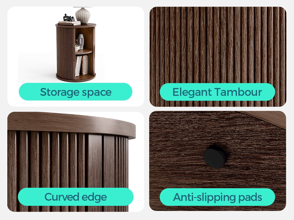 LINSY HOME Fluted Round End Tables for Living Room, Nightstand for Bedroom with with Sliding Tambour Door and Adjustable Shelves, Walnut(1 Pcs)