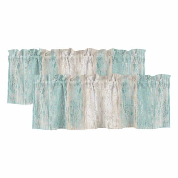 2 Pack Valances for Windows 54 x 18 Inch, Turquoise Wooden Decorative Kitchen Curtain Valance, Farmhouse Brown Vintage Distressed Rod Pocket Short Curtains Window Treatment for Bathroom/Cafe