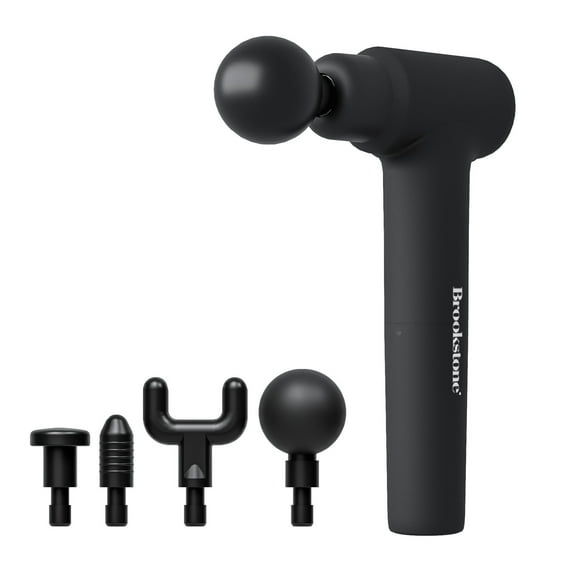 Brookstone Deep Tissue Massage Gun for Pain Relief & Muscle Recovery – 9-Speed Handheld Percussion Massager, 4 Heads, Type-C Rechargeable, Quiet, 3200 RPM, Shockproof Design