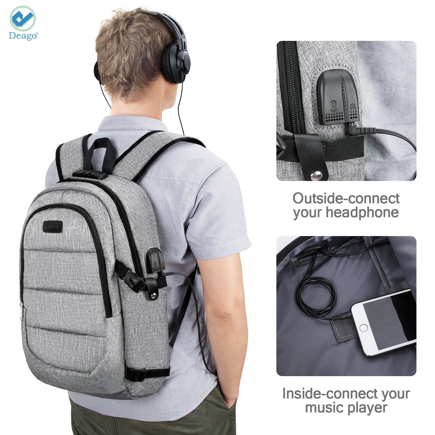 Deago Laptop Backpack, Business Anti Theft with lock Waterproof Travel Backpack with USB Charging Port for Laptops up to 17 inches (Gray) - image 3 of 9