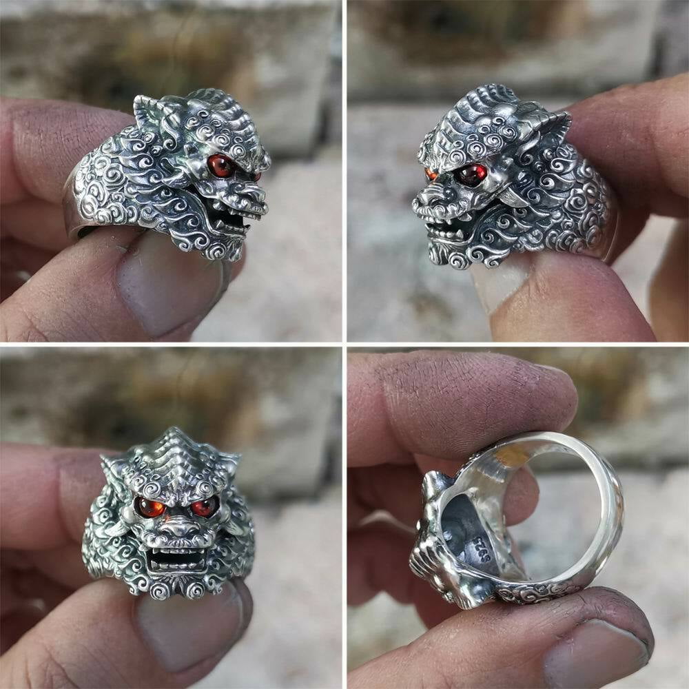 圈圈 袁　 Red CZ Eyes 925 Sterling Silver Chinese Style Lion Ring Punk