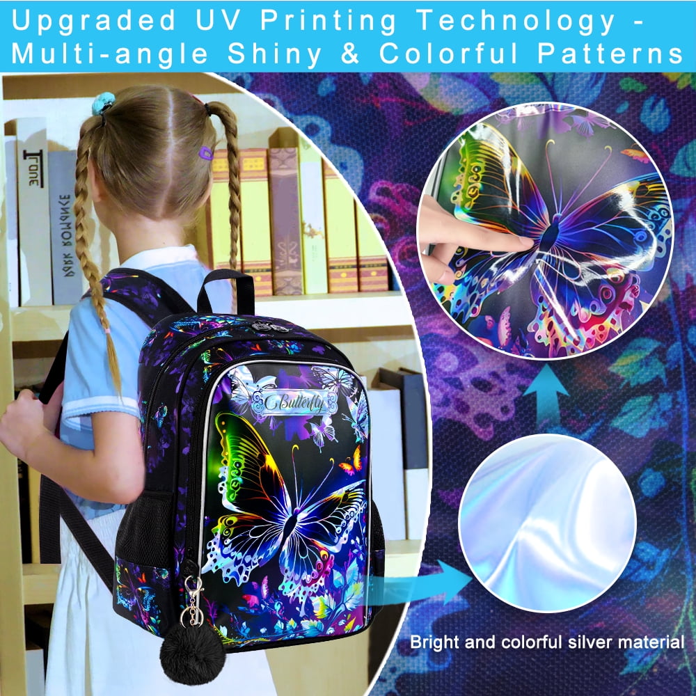 AGSDON 16" Butterfly Backpack for Girls, 3Pcs School Bookbag with Lunch Box, Kids Backpacks Set for Elementary Preschool Kindergarten(Black)