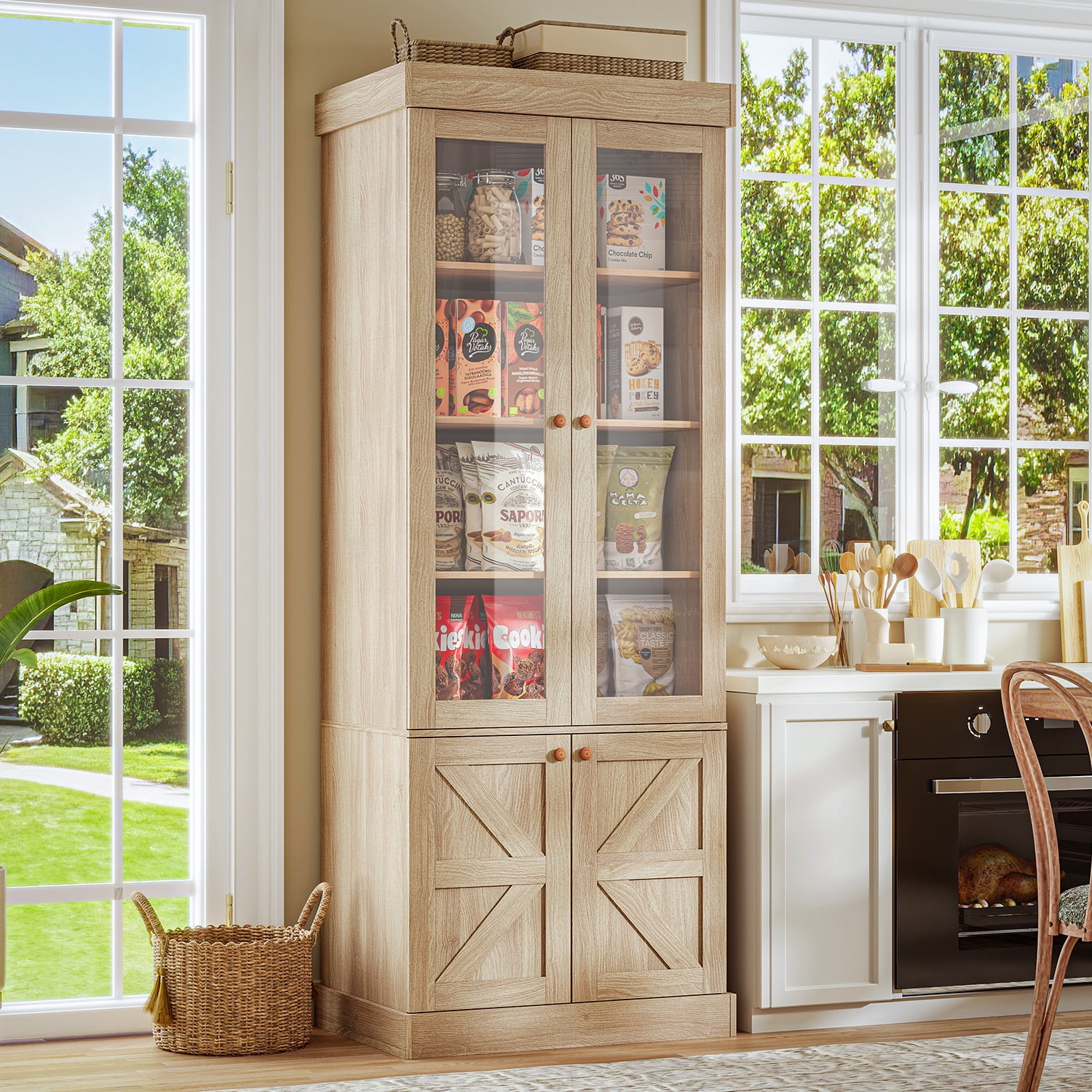 71" Tall Farmhouse Pantry Cabinet,Large Storage Cabinet with Glass Doors, Adjustable Shelves ,3 Drawer,Wood Versatile Hutch Cabinet for Dining Room,Living Room,Brown,3 Pcs