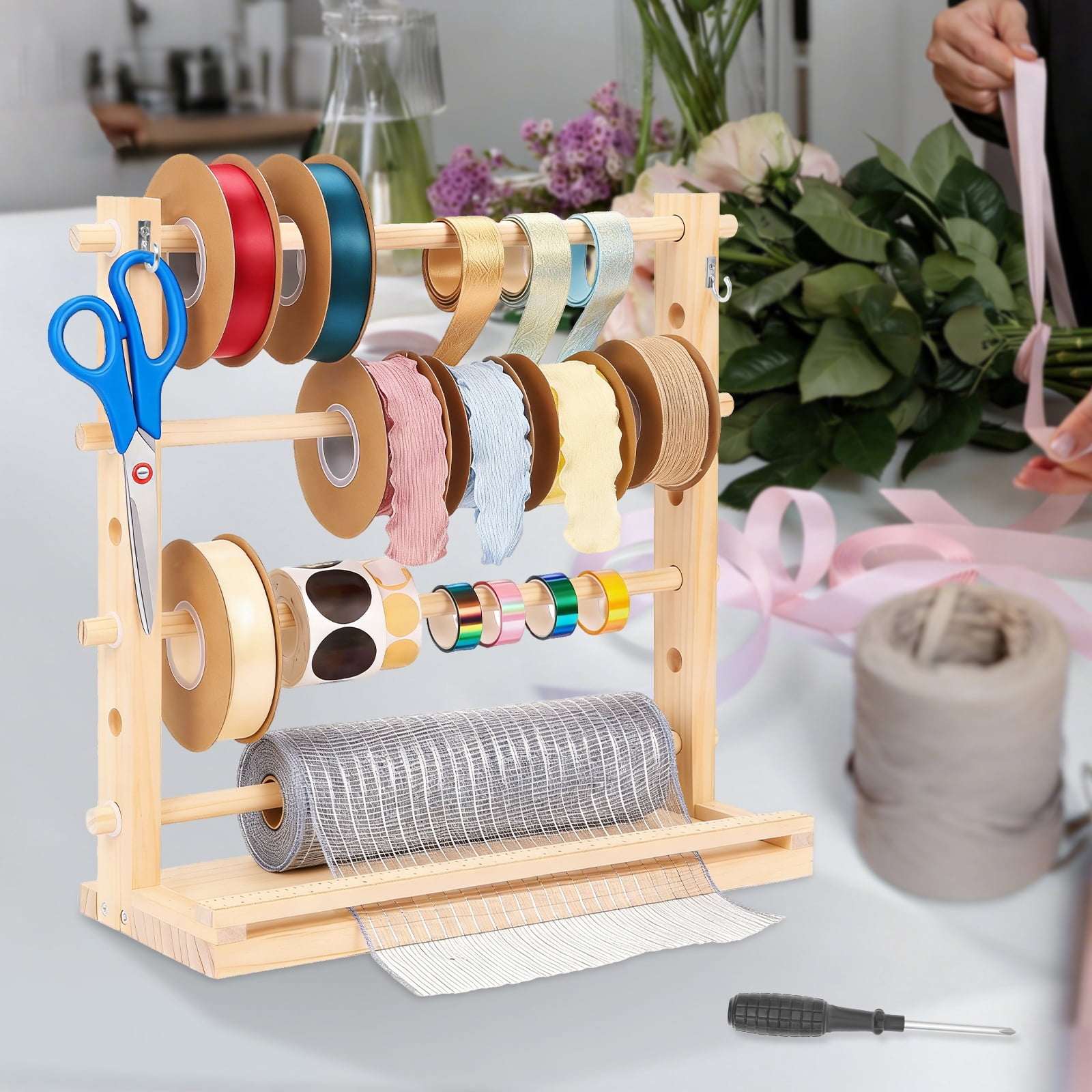 Threns Wooden Ribbon Storage Rack,4 Tier Ribbon Storage Organizer,Thread Washi Tape Spool Holder Organizer for Sewing Craft Wreath Crochet Roll Florist Arts Wrapping Gift,15.7"