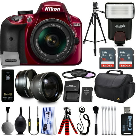 Red Nikon D3200 Digital SLR Camera + 18-55mm AF-S DX Nikkor VR + 2.2X Telephoto and 0.43X Macro Lens Kit + 32GB Memory + Bounce Swivel Flash + Tripod + Padded Bag + UV CPL FLD Filter Bundle + Remote