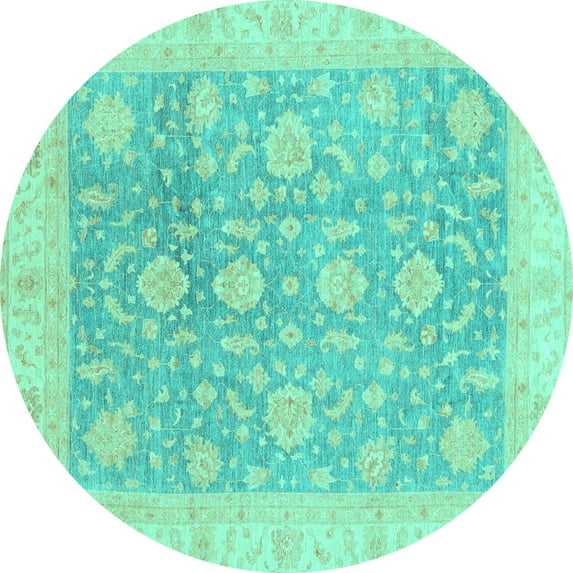 Ahgly Company Machine Washable Indoor Round Oriental Turquoise Blue Traditional Area Rugs, 6' Round