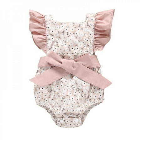

Clearance!Baby Toddler Girls Shoulder Ruffle FIying Sleeves Rompers Bownot Floral Print Jumpsuit
