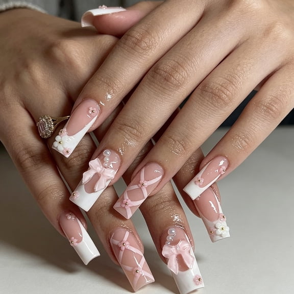 UNLLLL 24 Pieces White Bow Flower Diamond Press on Nails, Reusable Glossy Medium Square False Nails, Sparkling Rhinestones Nail Art, Gentle French Style, for Daily Dates