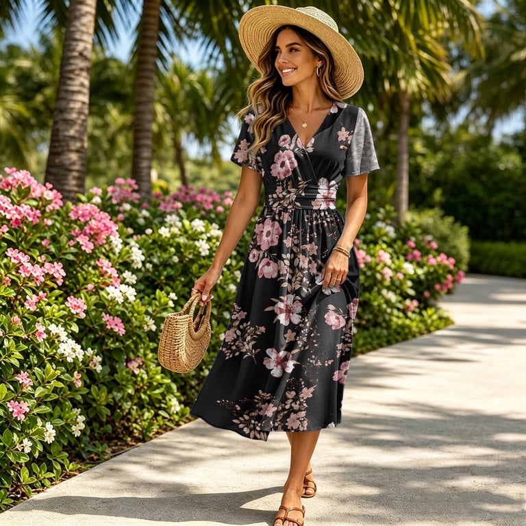 Summer Dresses for Women Wrap V Neck Sundress Short Sleeve Vacation Beach Dress Casual Loose A-Line Knee Length Swing Dress