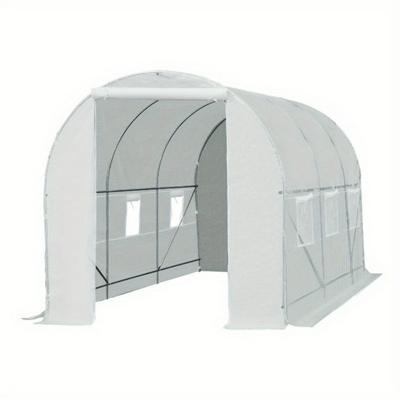 Zateety 15' X 7' X 7' Walk-In Tunnel Greenhouse, Large Garden Hot House Kit with 6 Roll-up Windows & Roll Up Door, Steel Frame, White