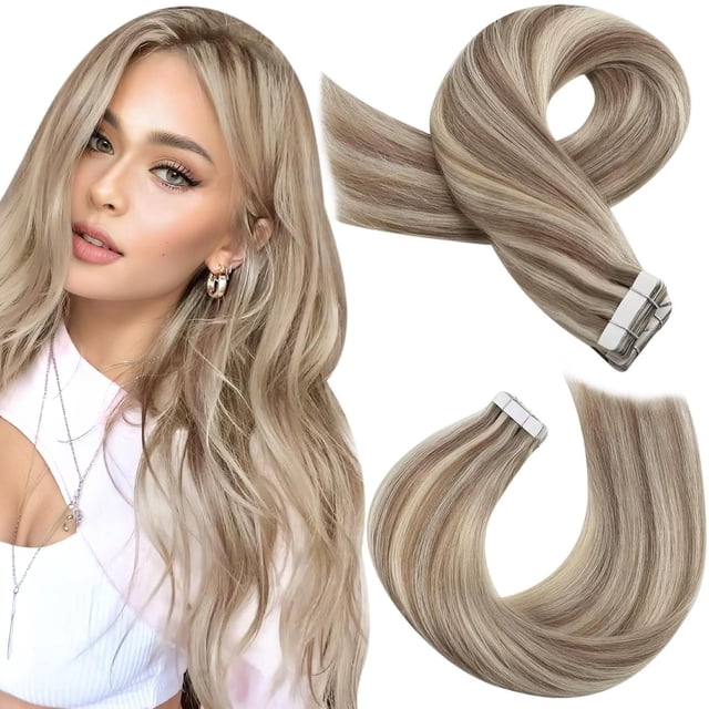 Moresoo Blonde Human Hair Tape in Extensions 20 Inch Light Brown with Blonde Highlights Tape in Hair Extensions Human Hair Skin Weft Tape on Hair Exte