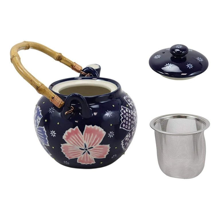 Blue Winter Frost Colorful Large Floral Blooms 25oz Tea Pot With 4