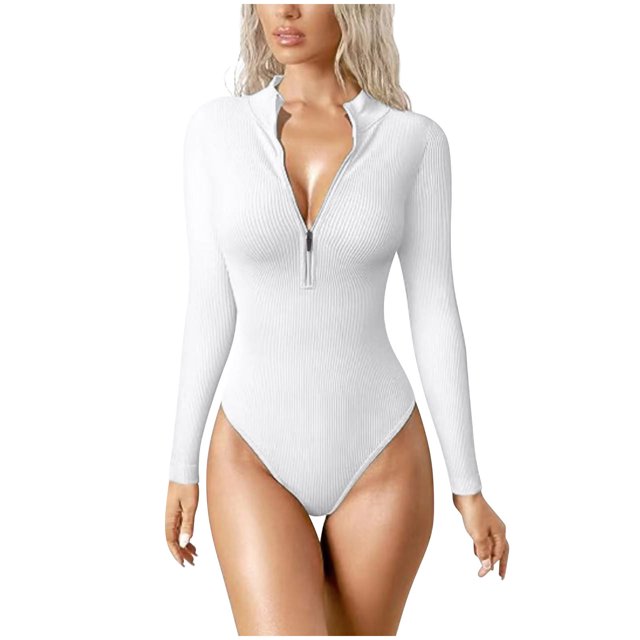 LOVZFMLL Women Long Sleeve Solid Comfortable Breathable Round Neck Jumpsuit White S