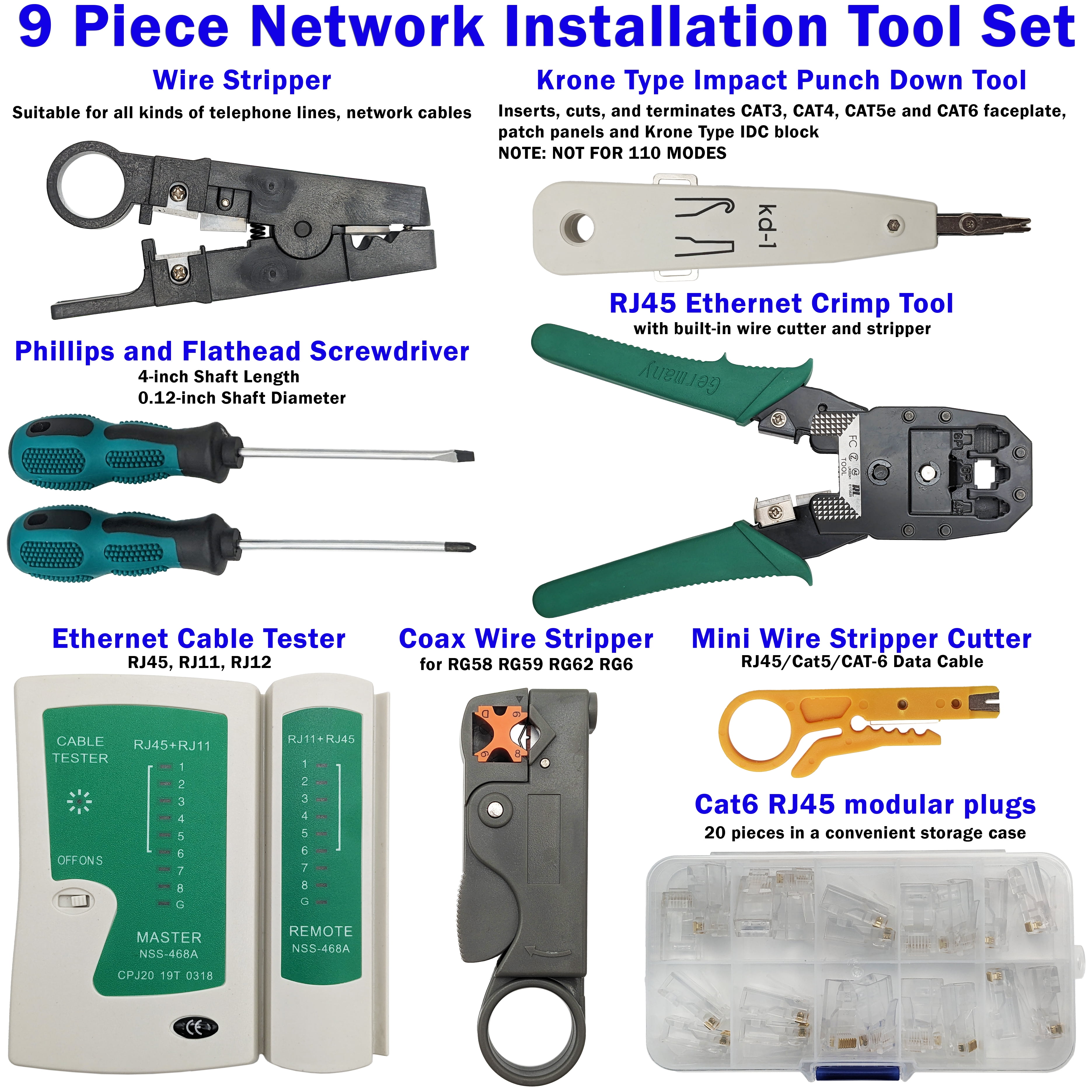 9-in-1 Network Toolkit with RJ45 Ethernet Crimping Tool, Krone Type Punch Down Tool, Networking Cable Tester, RJ45 Connectors, and Wire Strippers with Carrying Case