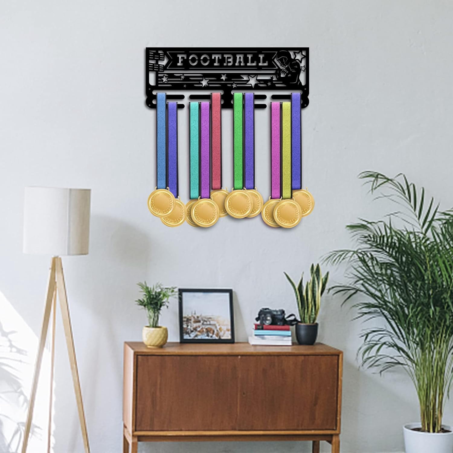 Football Medal Hanger Holder Medal Display Rack Hanger Awards Ribbon Cheer 2 Lines Sport Award Rack Wall Mount Iron Frame for Over 50 Medals Necklace Jewelry 15.75 Inch Black
