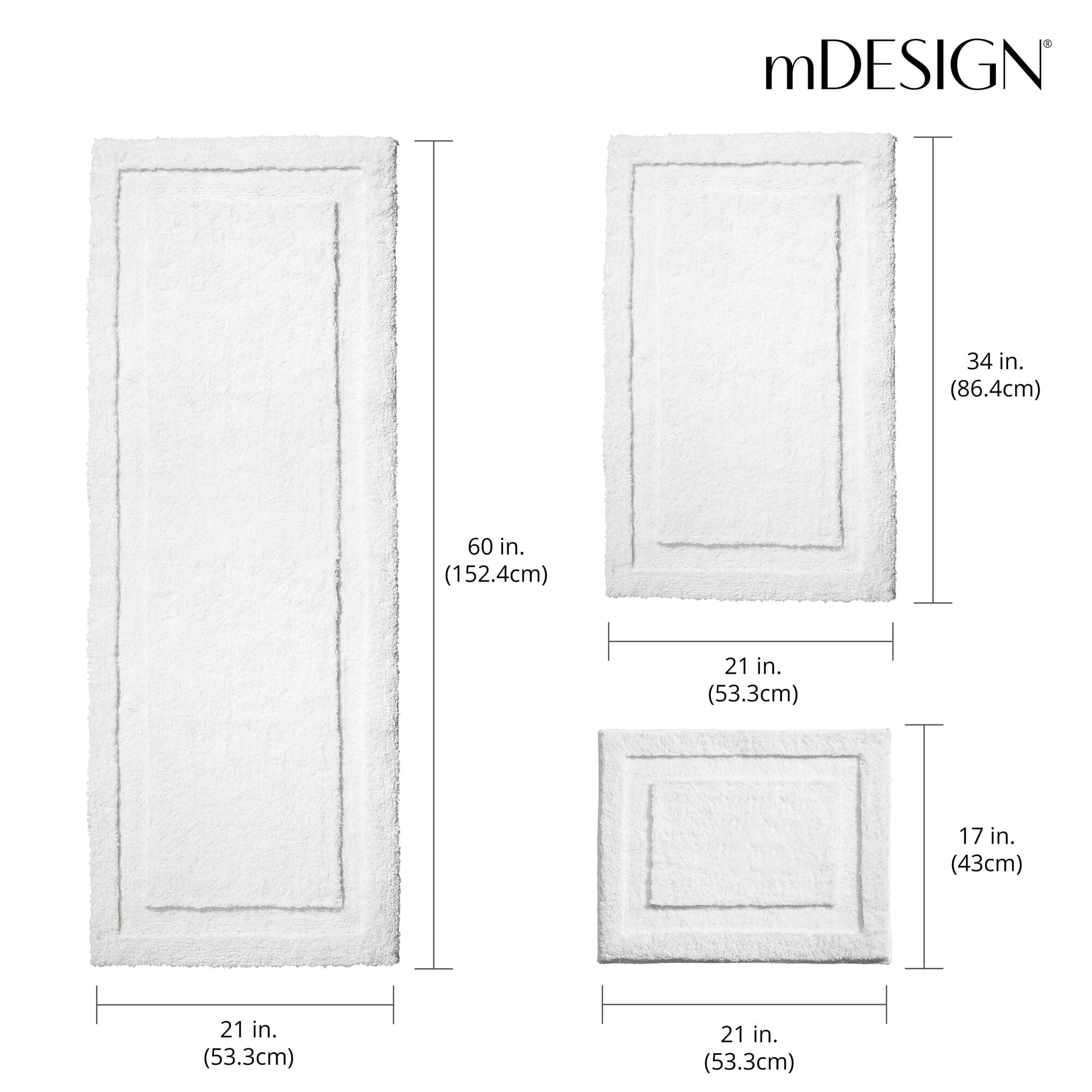 mDesign Microfiber Bath Mats - 3 Piece Bathroom Rugs - Set of 3 - Bright White