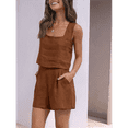 thumbnail image 4 of Women'S Summer 2 Piece Outfits Sleeveless Crop Top Shorts Linen Lounge Beach Travel Sets Dark Brown M, 4 of 7