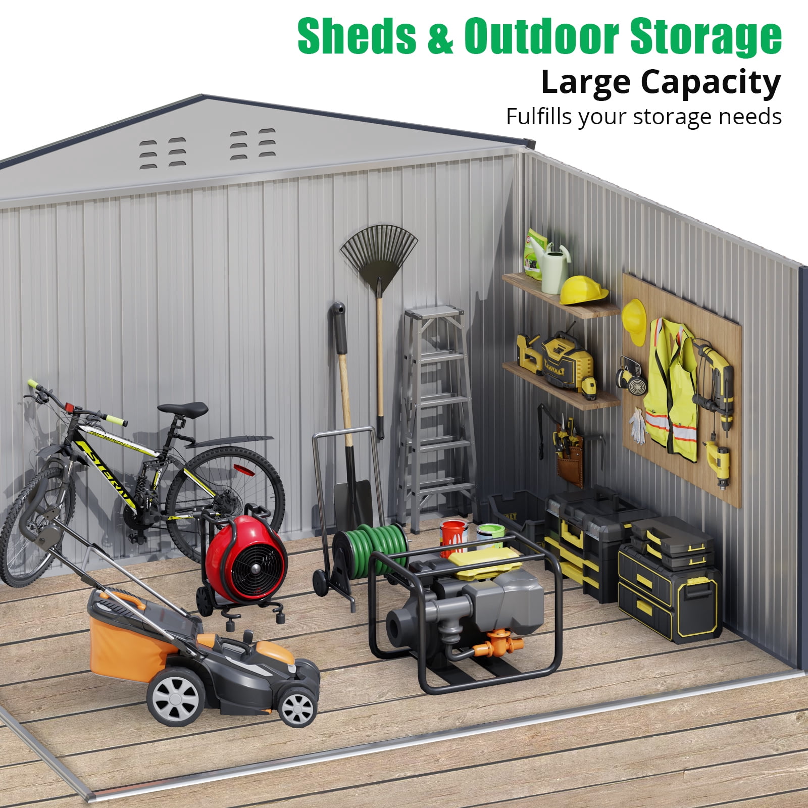 Garvee Outdoor Storage Shed, 10x10ft Large Metal Garden Shed with Lockable Door Design for Garden, Patio, Backyard, Outside