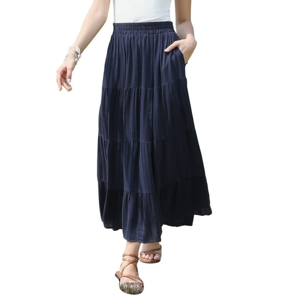 INSPIRE CHIC Boho Maxi Skirts for Women Flowy Flared Ruffle Summer Casual Tiered Elastic Waist Long Skirts XS Dark Blue