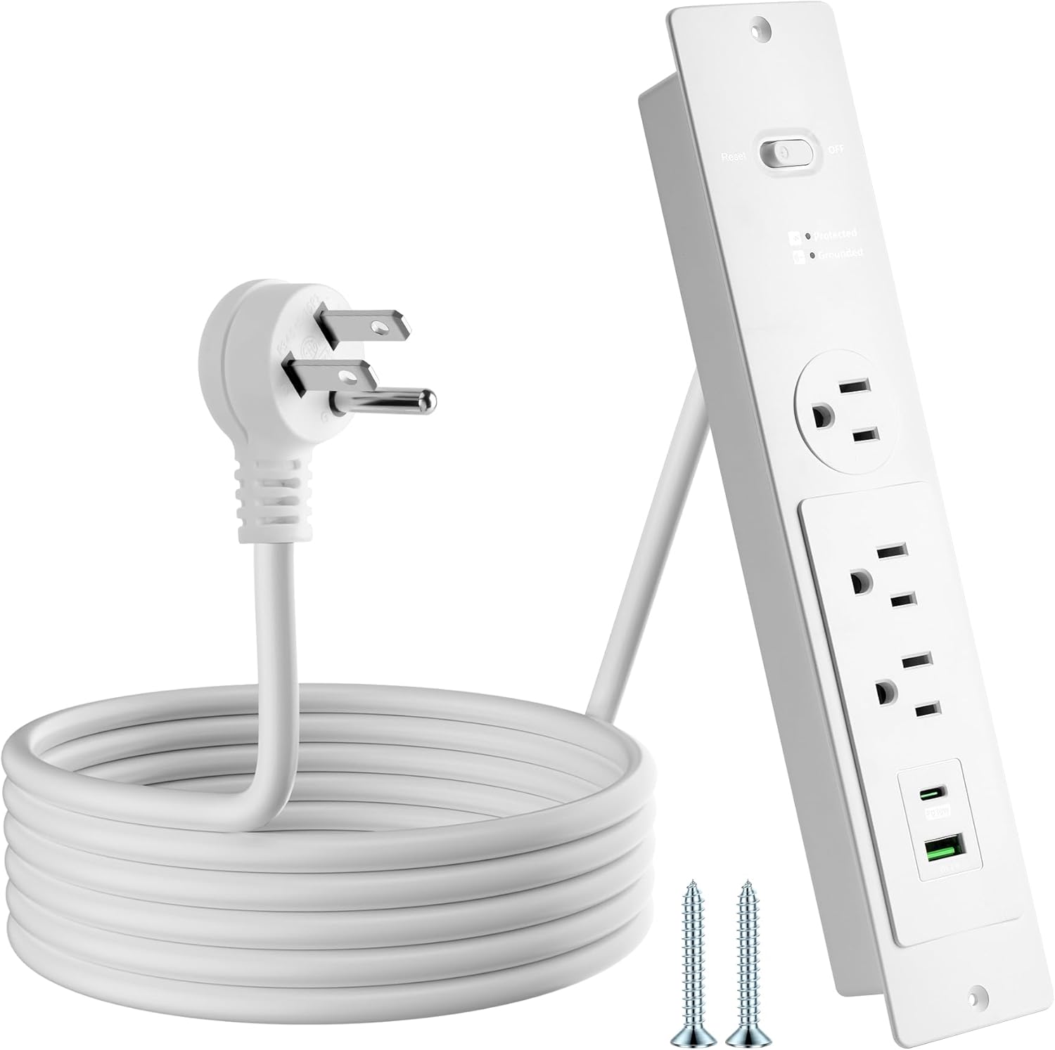RGHJAR-Recessed Power Strip with 6 Feet Cord, 45 Degree 3-Prong Thin Flat Plug, 3 AC Outlets (1 Widely Spaced AC Outlets),2 USB Ports (20W PD USB-C & 18W QC3.0 USB-A) 980J Surge Protection, ETL Liste