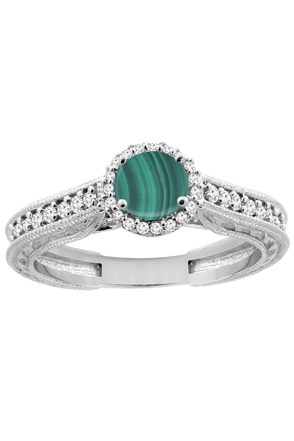 14K White Gold Natural Malachite Round 5mm Engraved Engagement Ring Diamond Accents, size 5