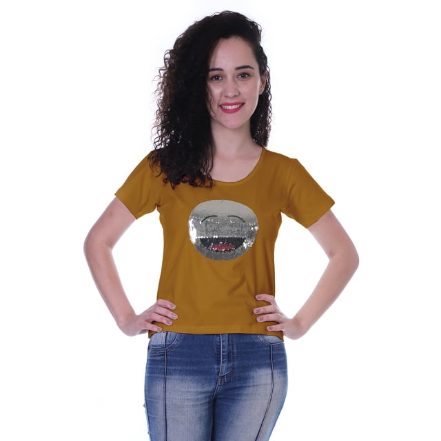 Moomaya T-shirt à Manches Courtes pour Femmes avec Col Rond, Écusson à Paillettes, Coupe Décontractée - W2