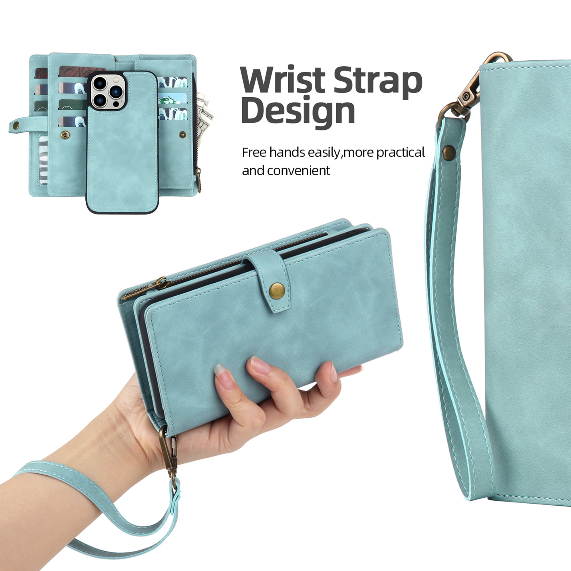 Dteck for iPhone 14 Pro Max Case, iPhone 14 Pro Max Case Wallet for Women Men, Durable PU Leather Magnetic Flip Lanyard Strap Wristlet Zipper Card Holder Phone Cases for iPhone 14 Pro Max,Green