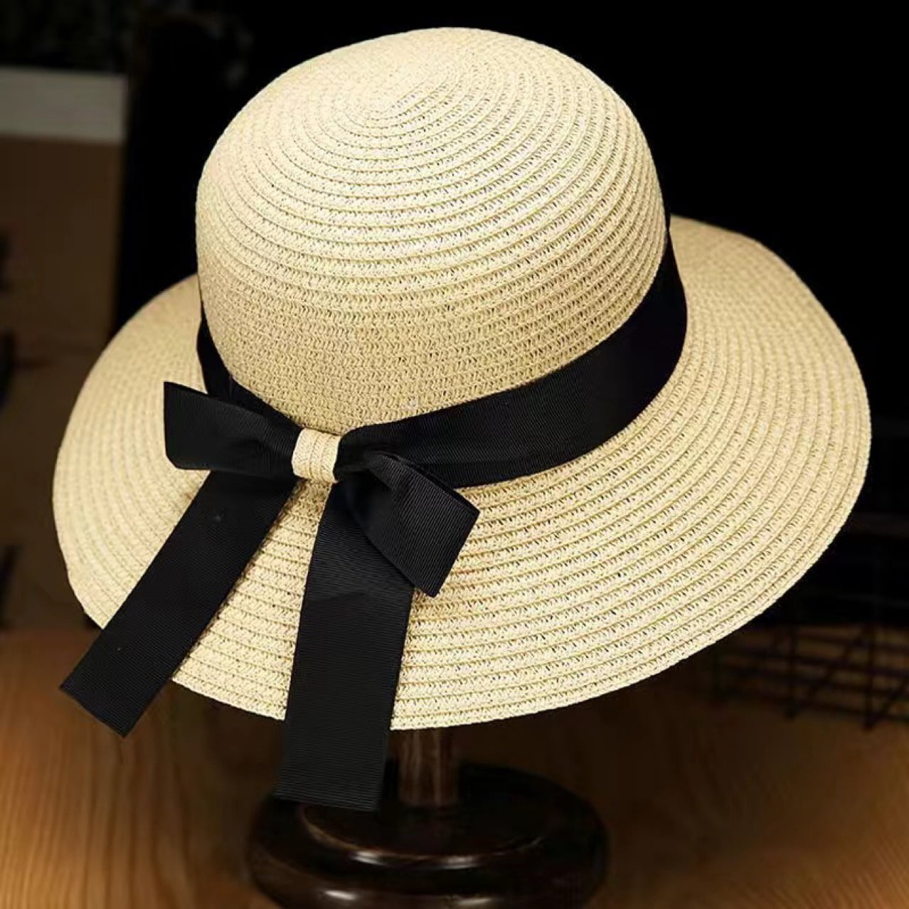 Foldable Wide Brim Straw Sun Hat with Wind Lanyard UPF 50+ Beach Travel Women main image 2