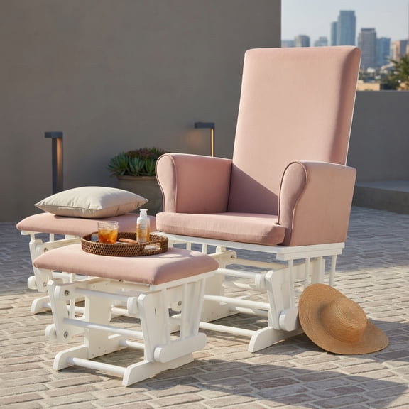 Hommoo Nursery Rocking Glider Chair with Ottoman Set, Ergonomic Infant Nursing Chair, Smooth Silent Glide, Removable Washable Cushion, Modern Nursery Furniture for Feeding & Relaxation, Pink