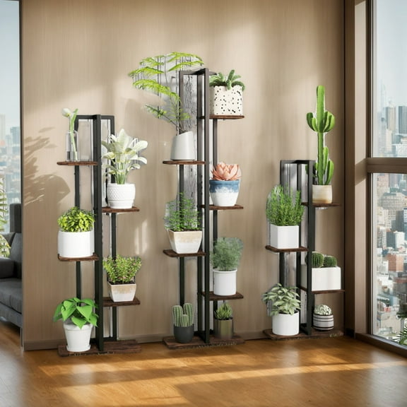 Demifill 3 Pieces Tall Wood Plant Stand Set with 4 5 6-Tier Flower Stands, Flower Stand for Outdoor as Garden, Backyard, Porch, Rustic Brown