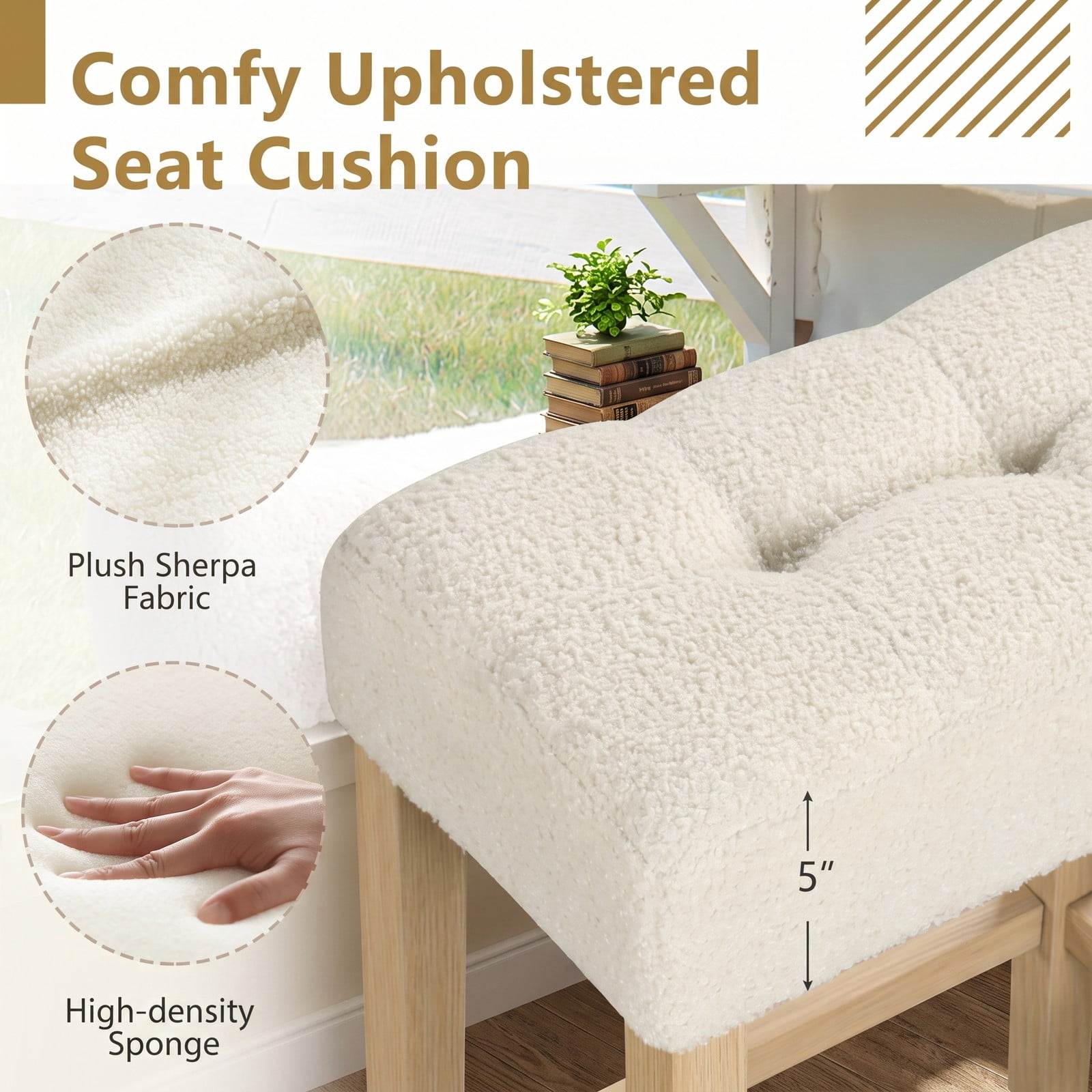 Furnibear Counter Height Bar Stools Set of 2, Upholstered Sherpa Fabric Barstools with Rubber Wood Legs, Footrest & Anti-Slip Pads, Backless Kitchen, Beige and Natural