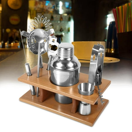 - Bar Kit,Ymiko 8pcs Stainless Steel Cocktail Shaker Mixer Drinker with Wood Holder Stand Drinking Tool Bar Set