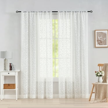 Flowpartex 2 Panels White Lace Sheer Curtains for Living Room Light Filtering Spring Leaf Buds Embroidered Window Drapes for Bedroom, Rod Pocket 52"Wx84"L