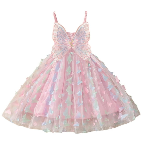 WOYY Infant Girls Adjustable Strap Mesh Party Princess Dress with 3D Butterfly Appliques, Sizes 1-7