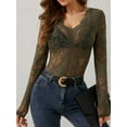 thumbnail image 3 of Lace Mesh Top for Women Long Sleeve V-Neck Sheer Blouse See Through Floral Lace Tops Green L, 3 of 5