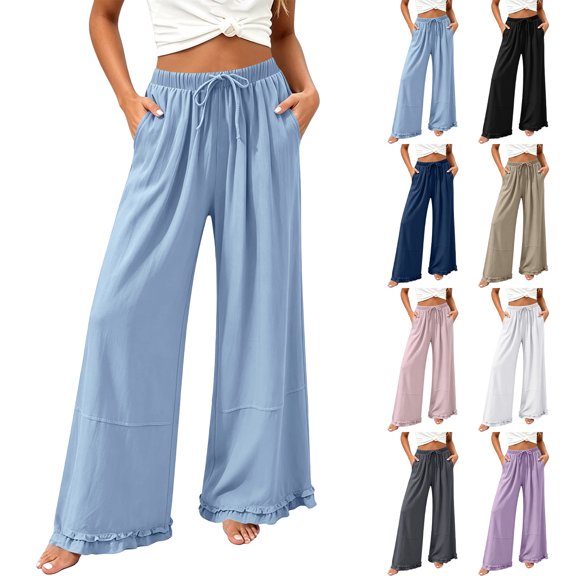 Oksale Palazzo Pants for Women with Pockets and Drawstring Waisted Casual Ruffle Hem Wide Leg Pants Loose Cozy Long Trousers Khaki M